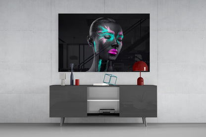 Teal Pink Brushstroke Woman Glass Wall Art