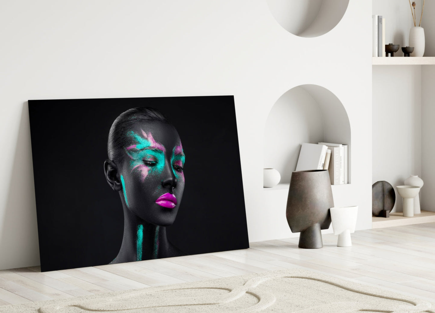Teal Pink Brushstroke Woman Glass Wall Art