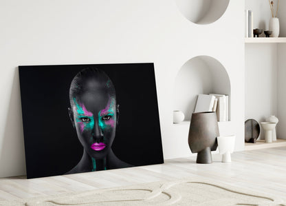Magenta Teal Powder Face Woman Glass Wall Art