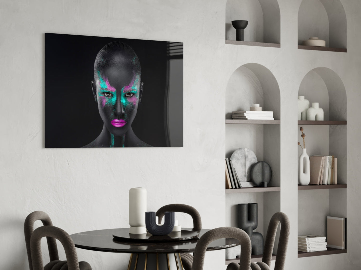 Magenta Teal Powder Face Woman Glass Wall Art