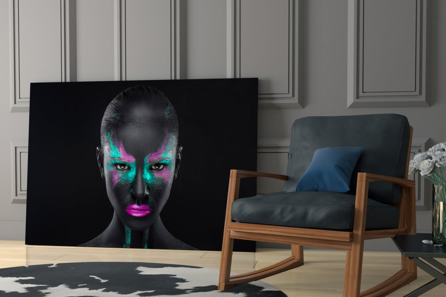 Magenta Teal Powder Face Woman Glass Wall Art