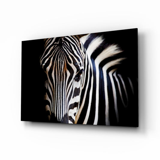 Glass wall art displaying a zebra's head in profile against a black background, with warm-toned striping visible on the right side.