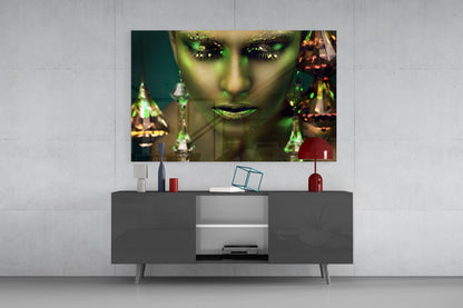 Green Skin Crystal Drops Woman Glass Wall Art