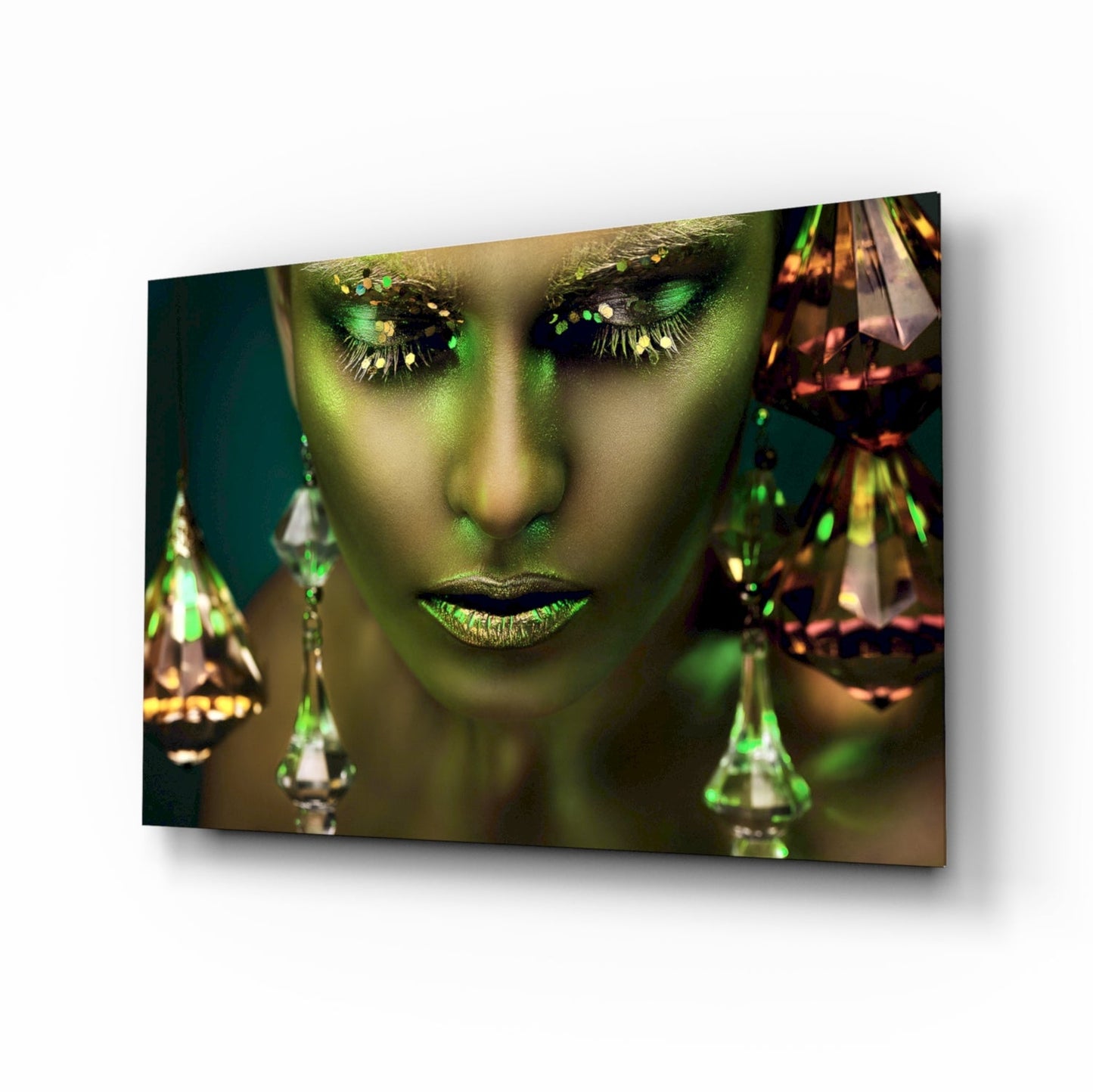 Green Skin Crystal Drops Woman Glass Wall Art