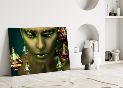 Green Skin Crystal Drops Woman Glass Wall Art