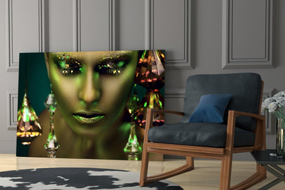 Green Skin Crystal Drops Woman Glass Wall Art