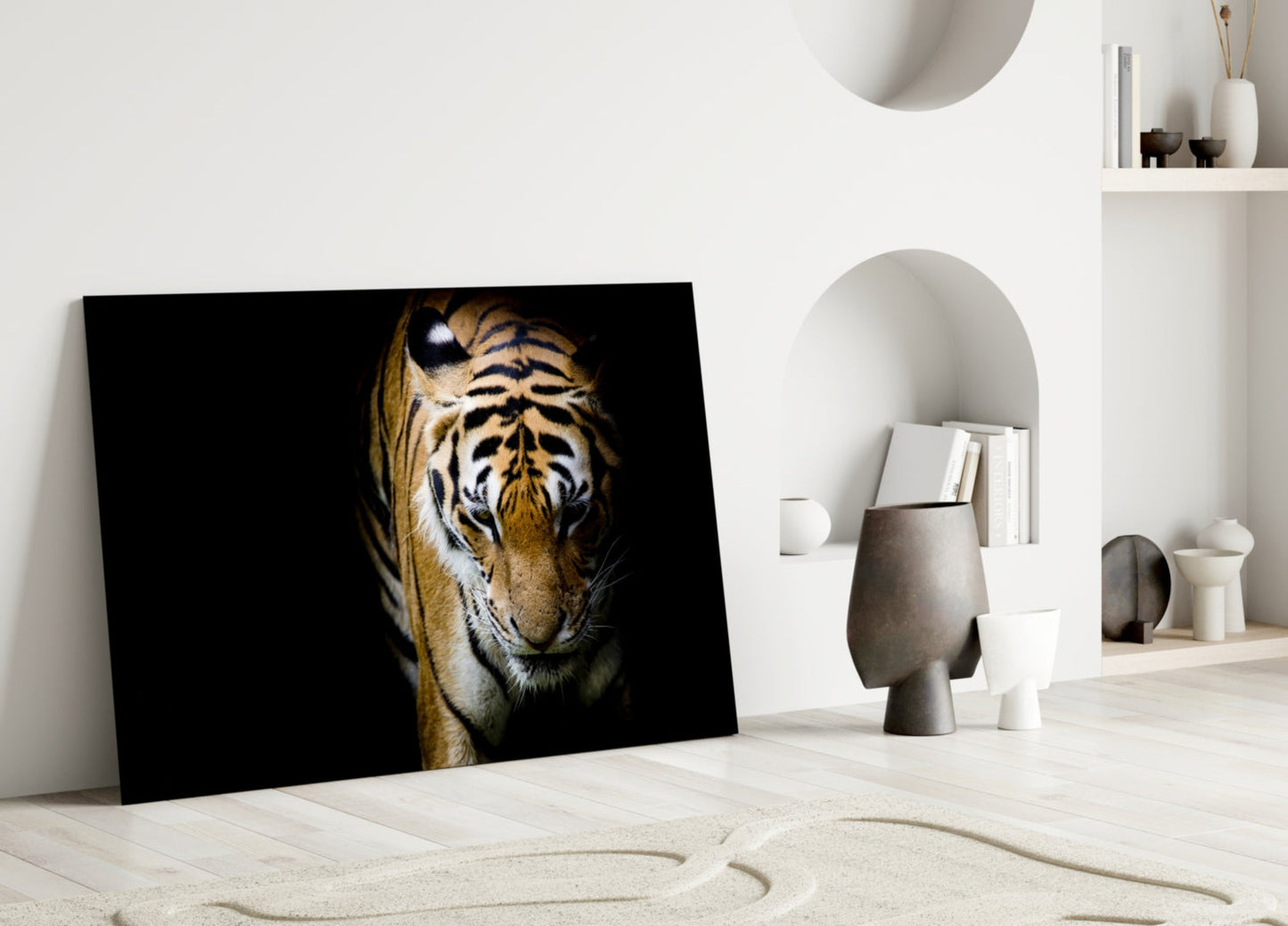 Stalking Tiger in Shadows Glass Wall Art
