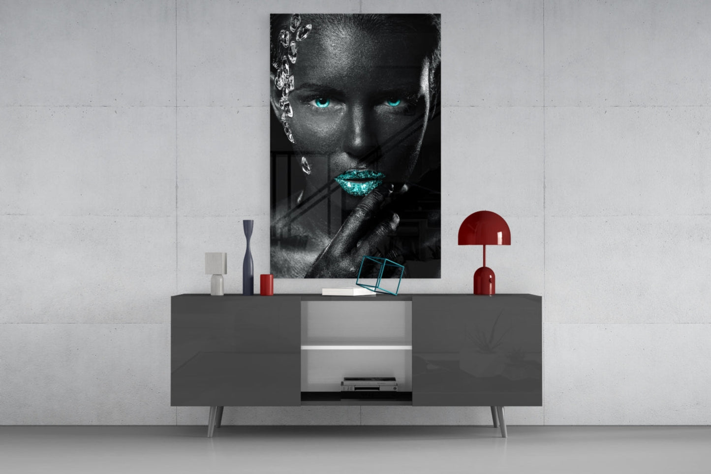 Turquoise Eyes Silver Gems Woman Glass Wall Art