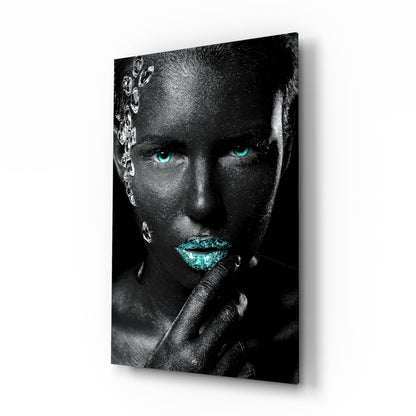 Turquoise Eyes Silver Gems Woman Glass Wall Art