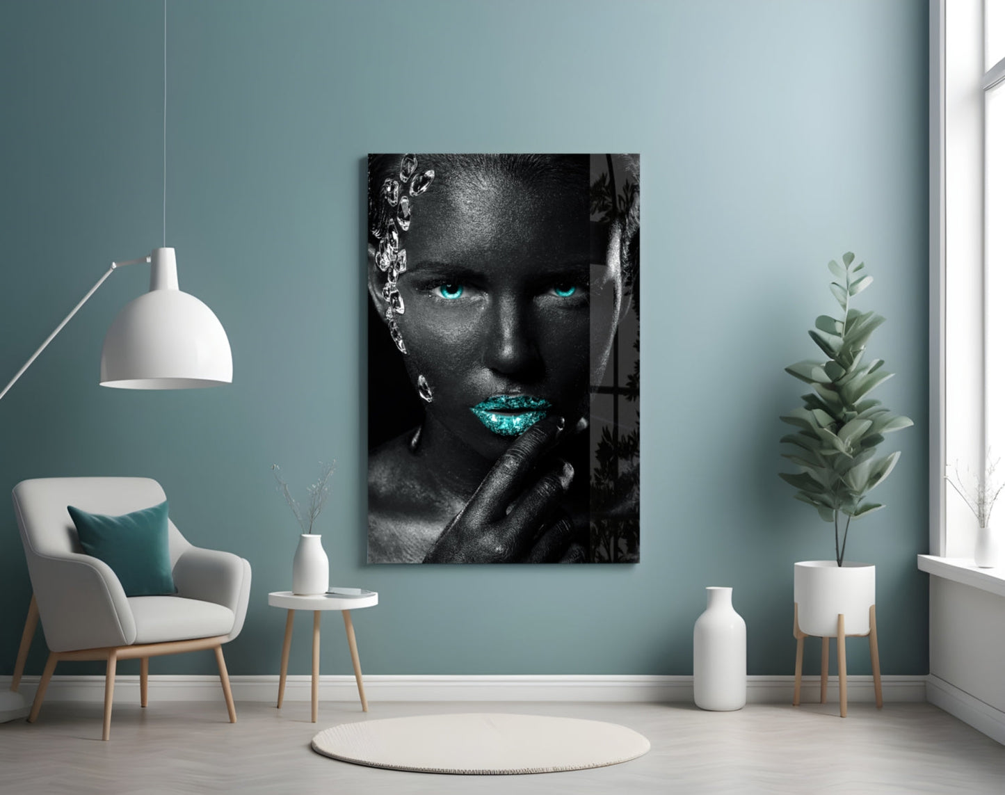 Turquoise Eyes Silver Gems Woman Glass Wall Art