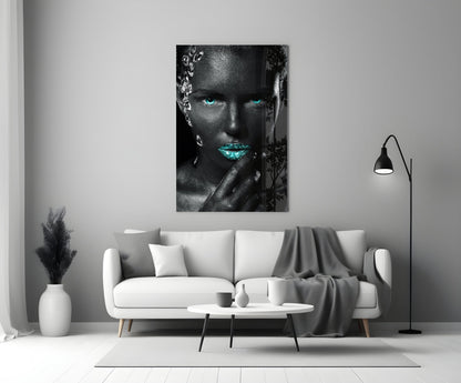Turquoise Eyes Silver Gems Woman Glass Wall Art