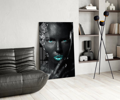 Turquoise Eyes Silver Gems Woman Glass Wall Art