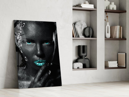 Turquoise Eyes Silver Gems Woman Glass Wall Art
