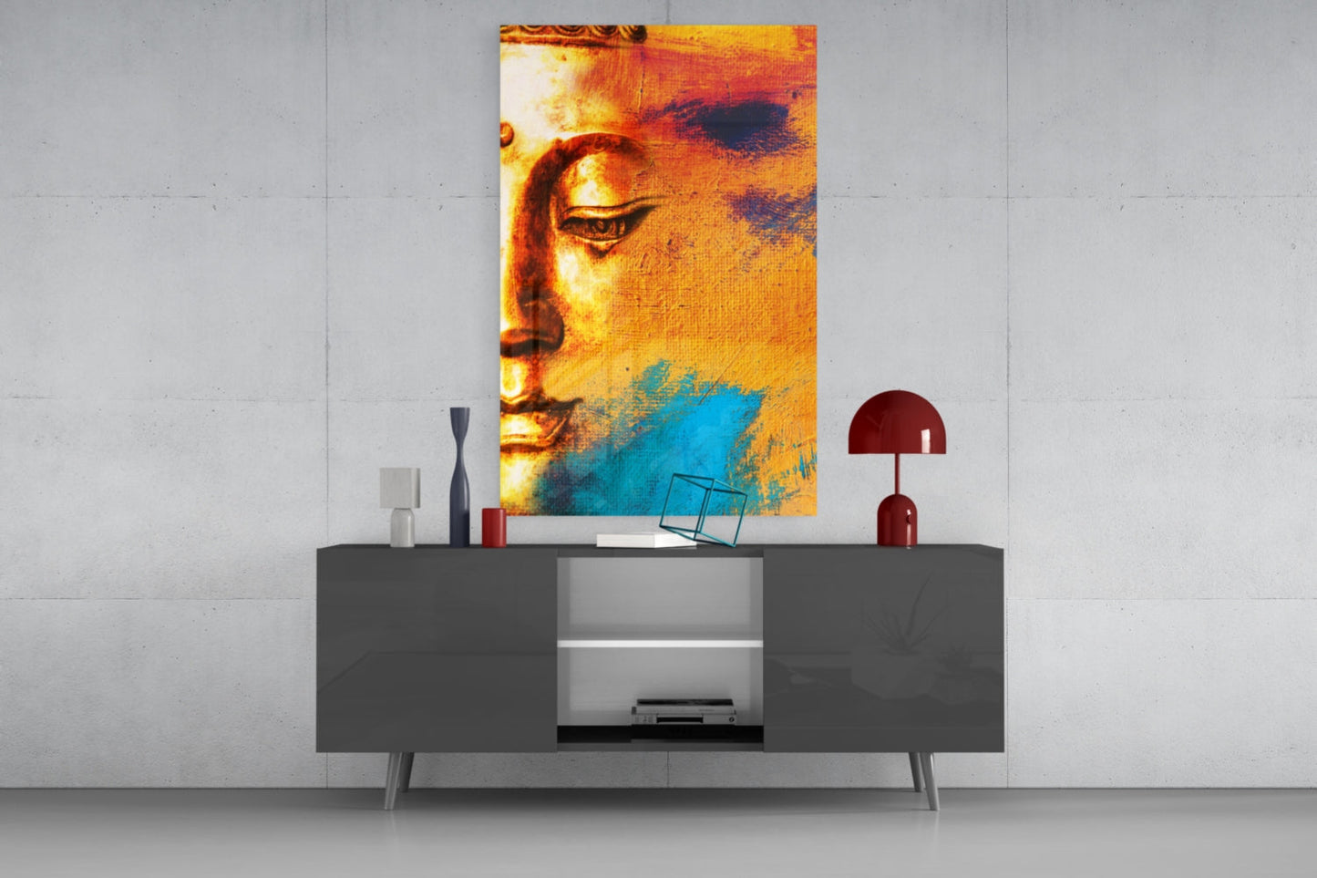 Buddha Portrait Glass Wall Art displayed above gray console table, showing golden-orange face with blue watercolor wash effect.