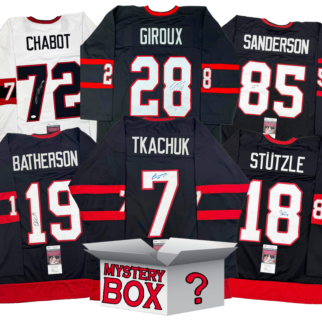 Six signed hockey jerseys in black, white, and red arranged around a central mystery box, displaying names Chabot, Giroux, Sanderson, Batherson, Tkachuk, and Stutzle with visible authentication certificates.