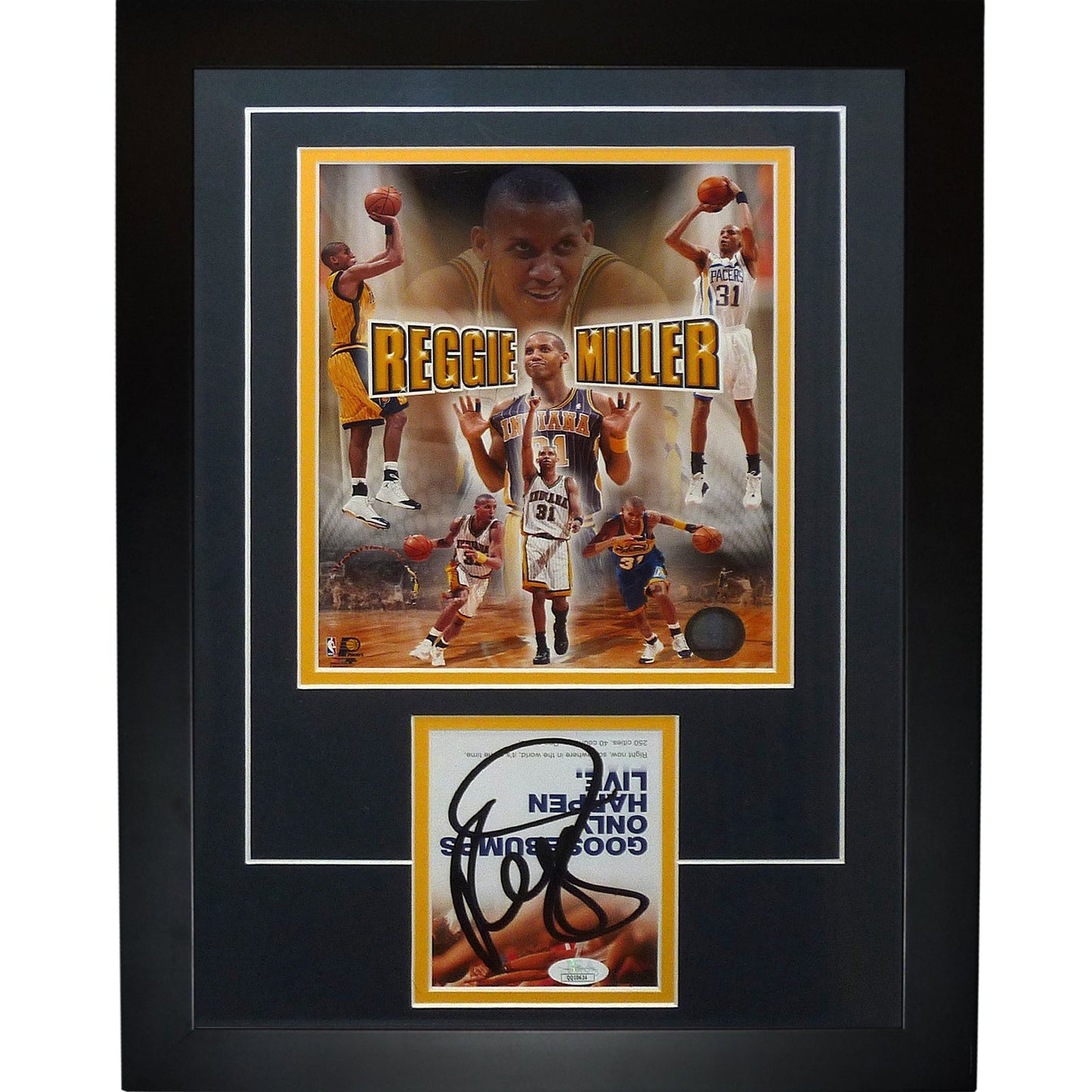 Framed collage featuring Reggie Miller in Indiana Pacers uniform with gold border, autographed basketball card below on black matting.