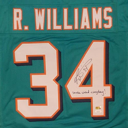Ricky Williams Autographed Miami (Teal #34) Custom Jersey w/ "Smoke Weed Everyday" - JSA