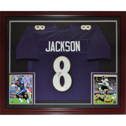 Lamar Jackson Autographed Baltimore (Purple #8) Deluxe Framed Jersey - JSA