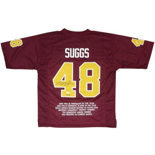Maroon Arizona State football jersey #48 SUGGS displayed flat, showing back with yellow numbers and commemorative text.