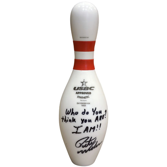 White and red USBC-approved synthetic bowling pin with handwritten inscription and signature by Pete Weber.