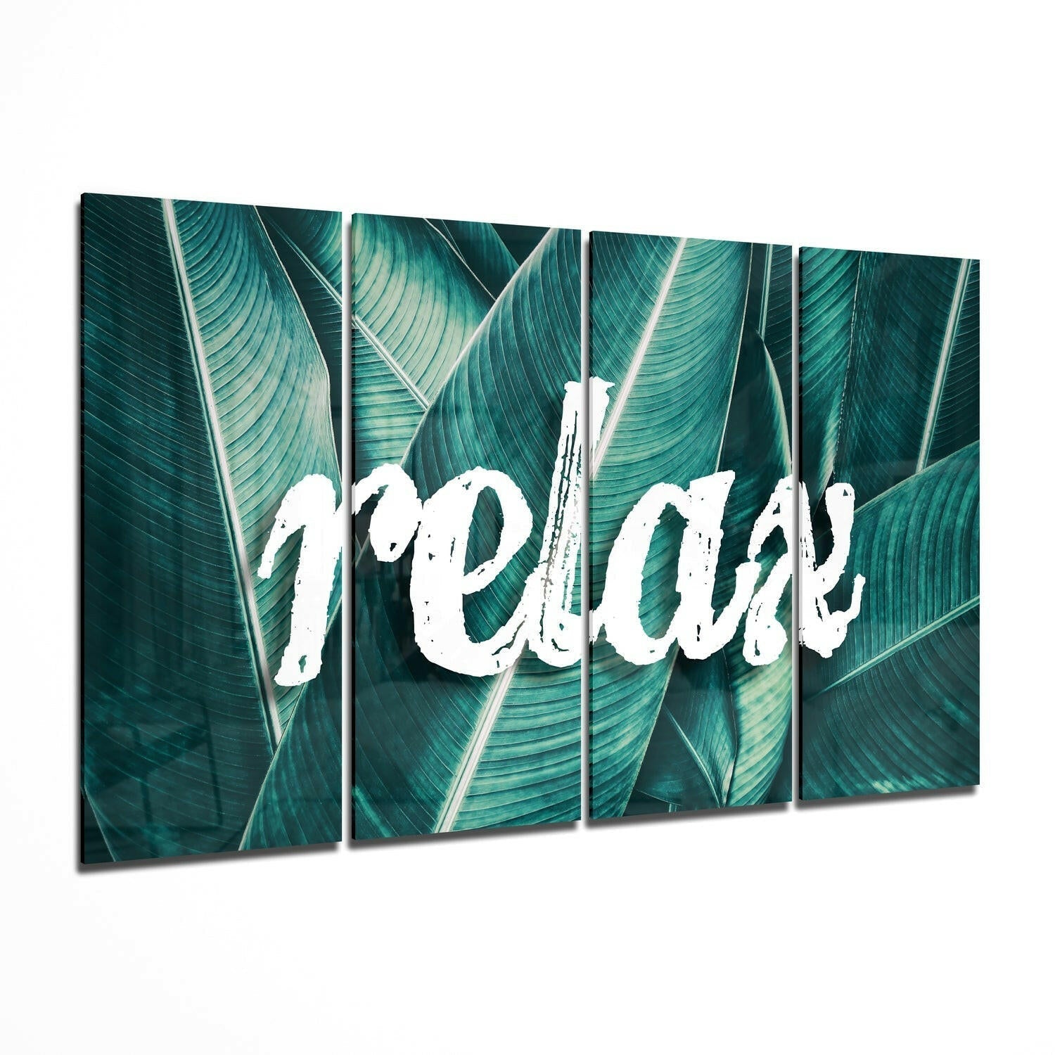Four-panel glass wall art displaying white "Relax" text overlaid on close-up teal and green striped tropical leaves.