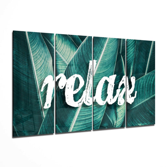 Four-panel glass wall art displaying white "Relax" text overlaid on close-up teal and green striped tropical leaves.