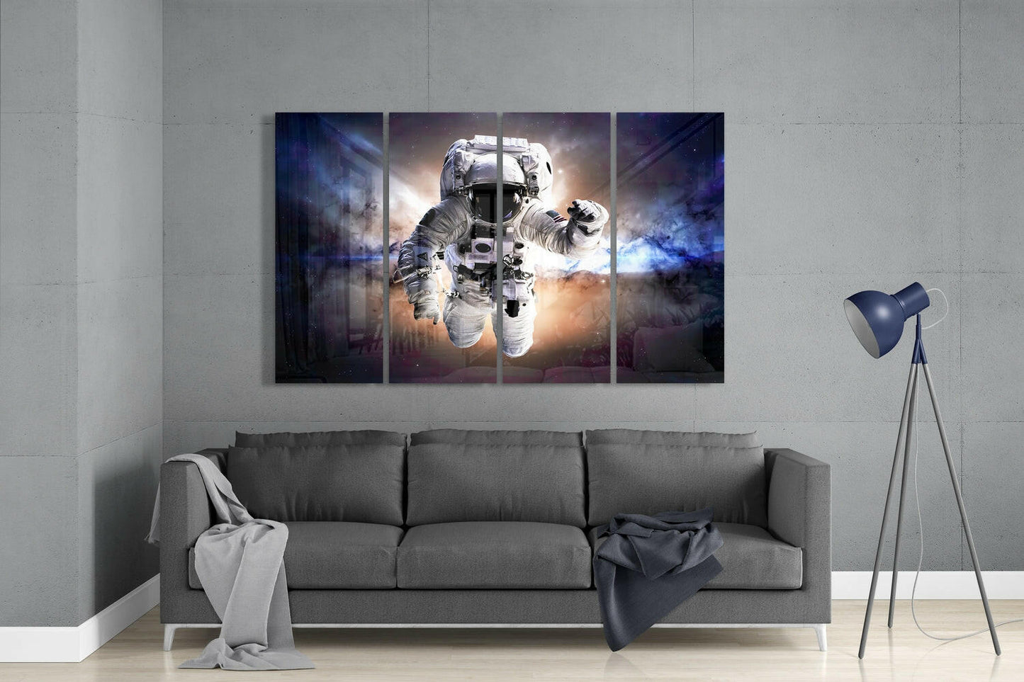 Astronaut Floating In Violet Nebula 4 Pieces Mega Glass Wall Art