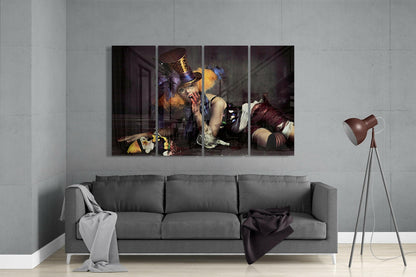 Four-panel glass wall art depicting a woman clown in theatrical costume displayed above a gray sofa in a modern living room.