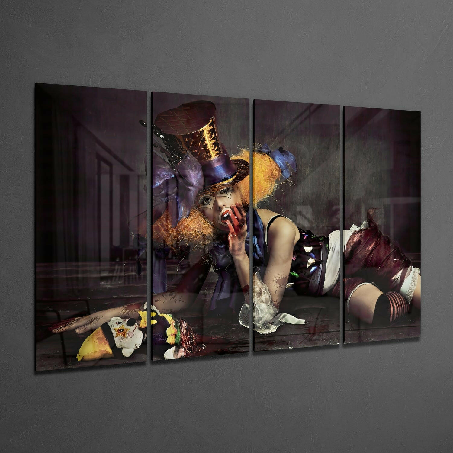 Four-panel glass wall art displaying a theatrical clown character in gold and purple tones against a dark interior setting.