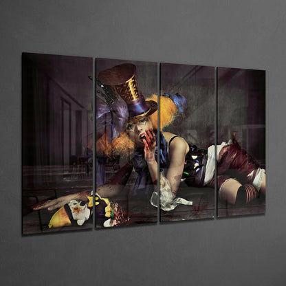 Four-panel glass wall art displaying a theatrical clown character in gold and purple tones against a dark interior setting.