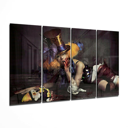 Four-panel glass wall art displaying a woman clown in theatrical makeup and costume against a dark interior backdrop.