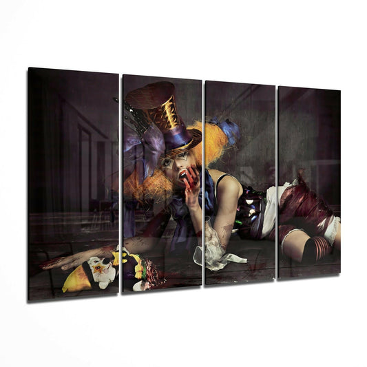 Four-panel glass wall art displaying a woman clown in theatrical makeup and costume against a dark interior backdrop.