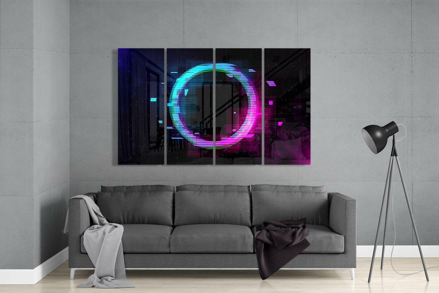 Modern living room with gray sofa displaying neon cyan and magenta glowing circle artwork on wall above.
