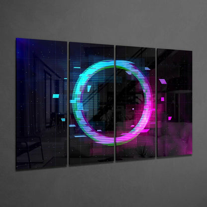Four-panel glass wall art displaying a glowing neon circle in cyan, magenta, and green with scanline effects on dark background.