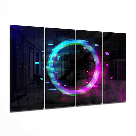 Four-panel glass wall art displaying a glowing neon circle in cyan, magenta, and green against a dark starry background.
