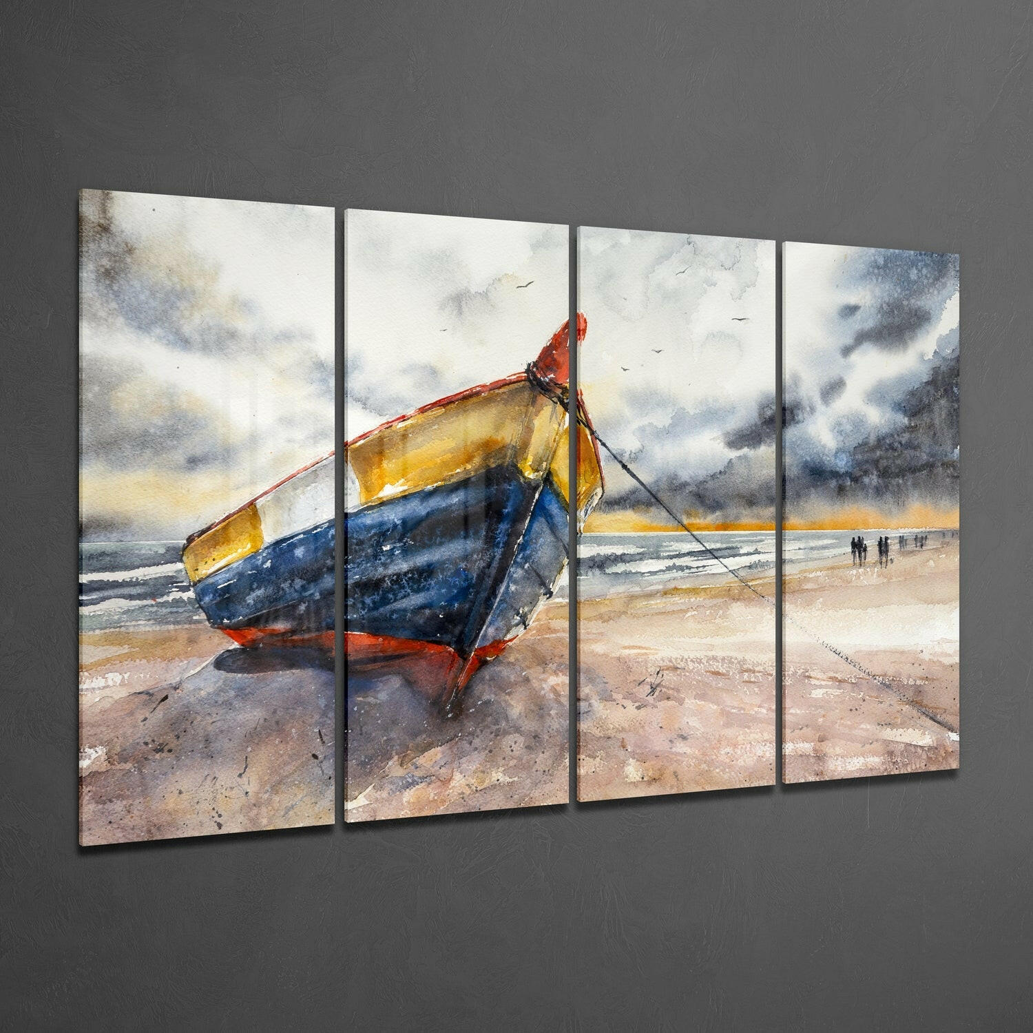 Four-panel glass wall art displaying a watercolor painting of a blue and yellow fishing boat beached on sand with stormy sky and distant figures.