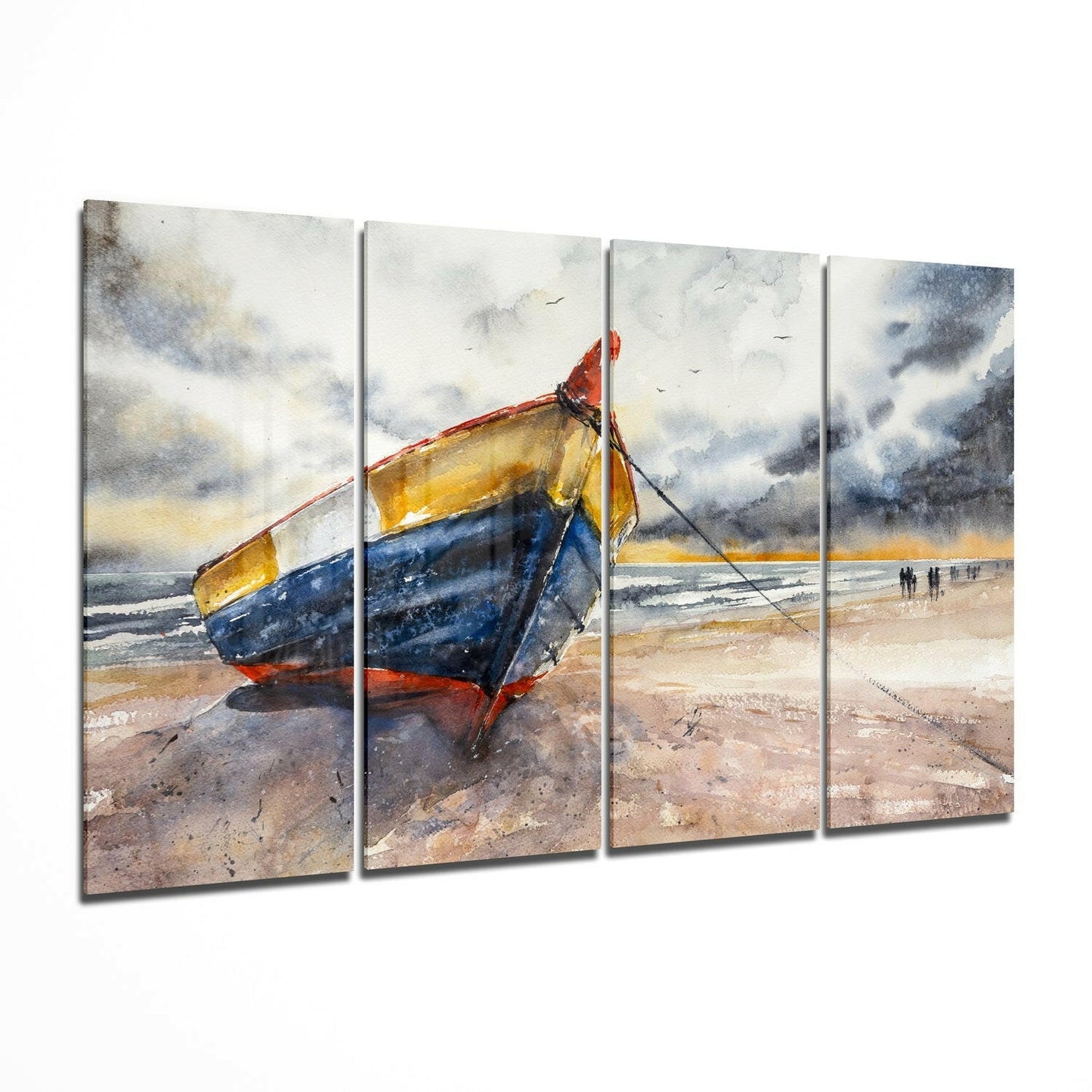 Watercolor painting of a blue and yellow fishing boat with red trim beached on sand under stormy skies.
