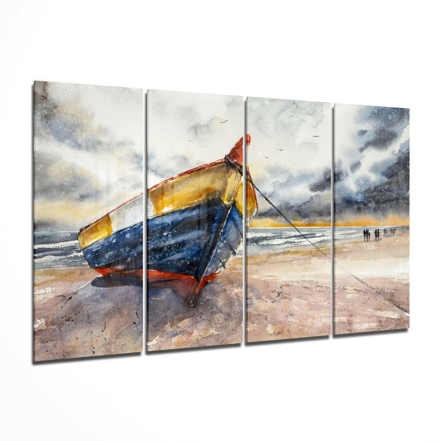 Watercolor painting of a blue and yellow fishing boat with red trim beached on sand under stormy skies.