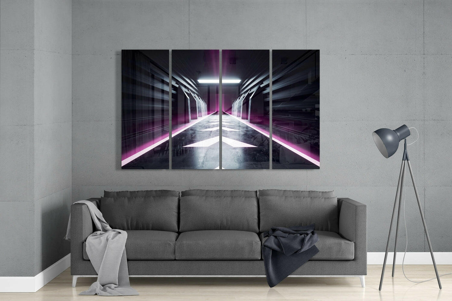 Four-panel glass wall art displaying a symmetrical futuristic corridor with neon pink lighting and white ceiling panels above a gray sofa.