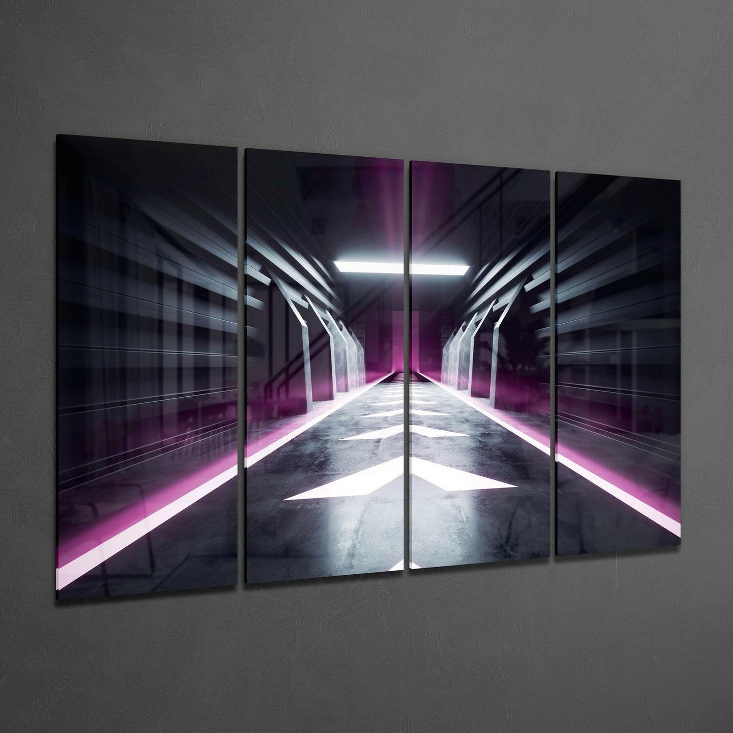 Four-panel glass wall art depicting a symmetrical futuristic corridor with neon magenta side lighting and white ceiling lights receding into distance.