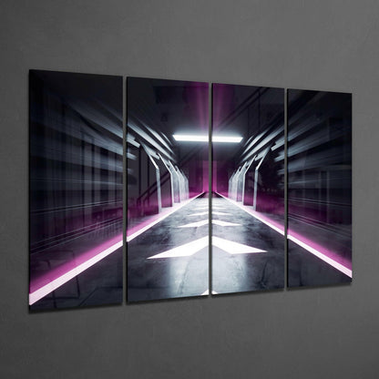 Four-panel glass wall art depicting a symmetrical futuristic corridor with neon magenta side lighting and white ceiling lights receding into distance.