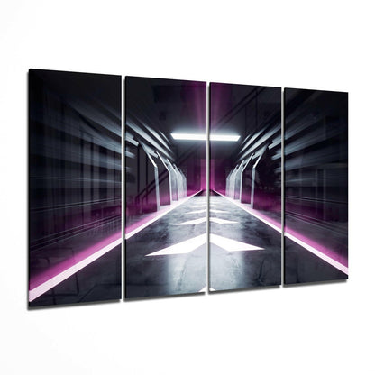 Four-panel glass wall art depicting a symmetrical futuristic tunnel with neon pink lighting and white ceiling lights receding into darkness.