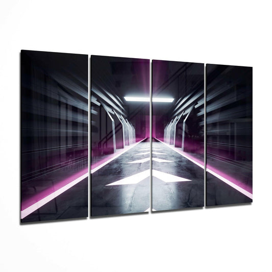Four-panel glass wall art depicting a symmetrical futuristic tunnel with neon pink lighting and white ceiling lights receding into darkness.