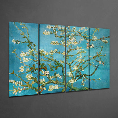 Turquoise Green Sakura Blossom Branches 4 Pieces Mega Glass Wall Art