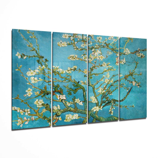 Four-panel glass wall art displaying white almond blossoms on twisted branches against a turquoise blue background, shown at a slight angle perspective.