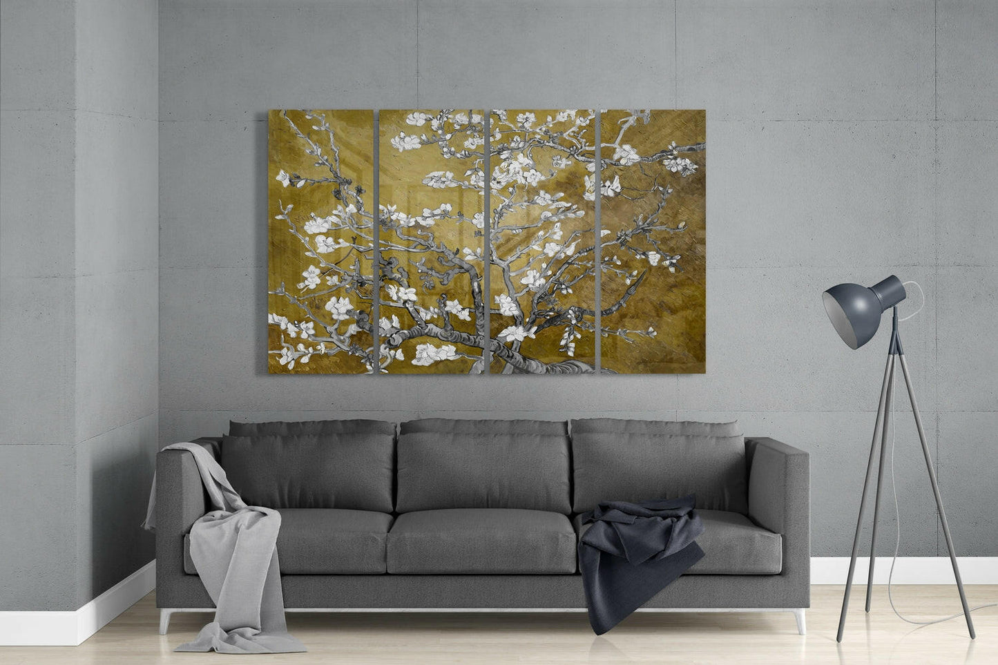 Olive Gold Sakura Blossom Branches 4 Pieces Mega Glass Wall Art