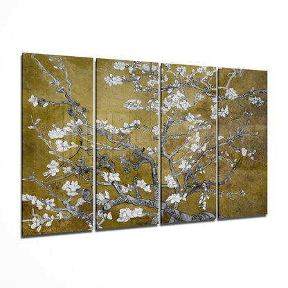 Olive Gold Sakura Blossom Branches 4 Pieces Mega Glass Wall Art