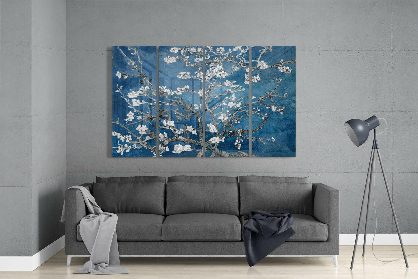 Deep Blue Sakura Blossom Branches 4 Pieces Mega Glass Wall Art