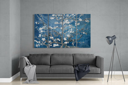 Deep Blue Sakura Blossom Branches 4 Pieces Mega Glass Wall Art