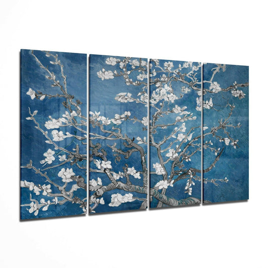 Four-panel glass wall art displaying white cherry blossoms on gnarled branches against a deep blue background.